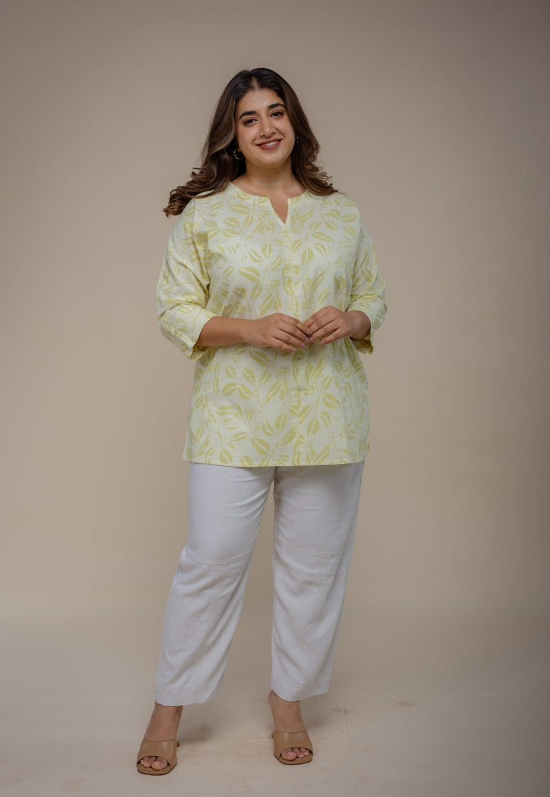 Lyla Green Hand Block Print Slub Cotton Straight Short Top