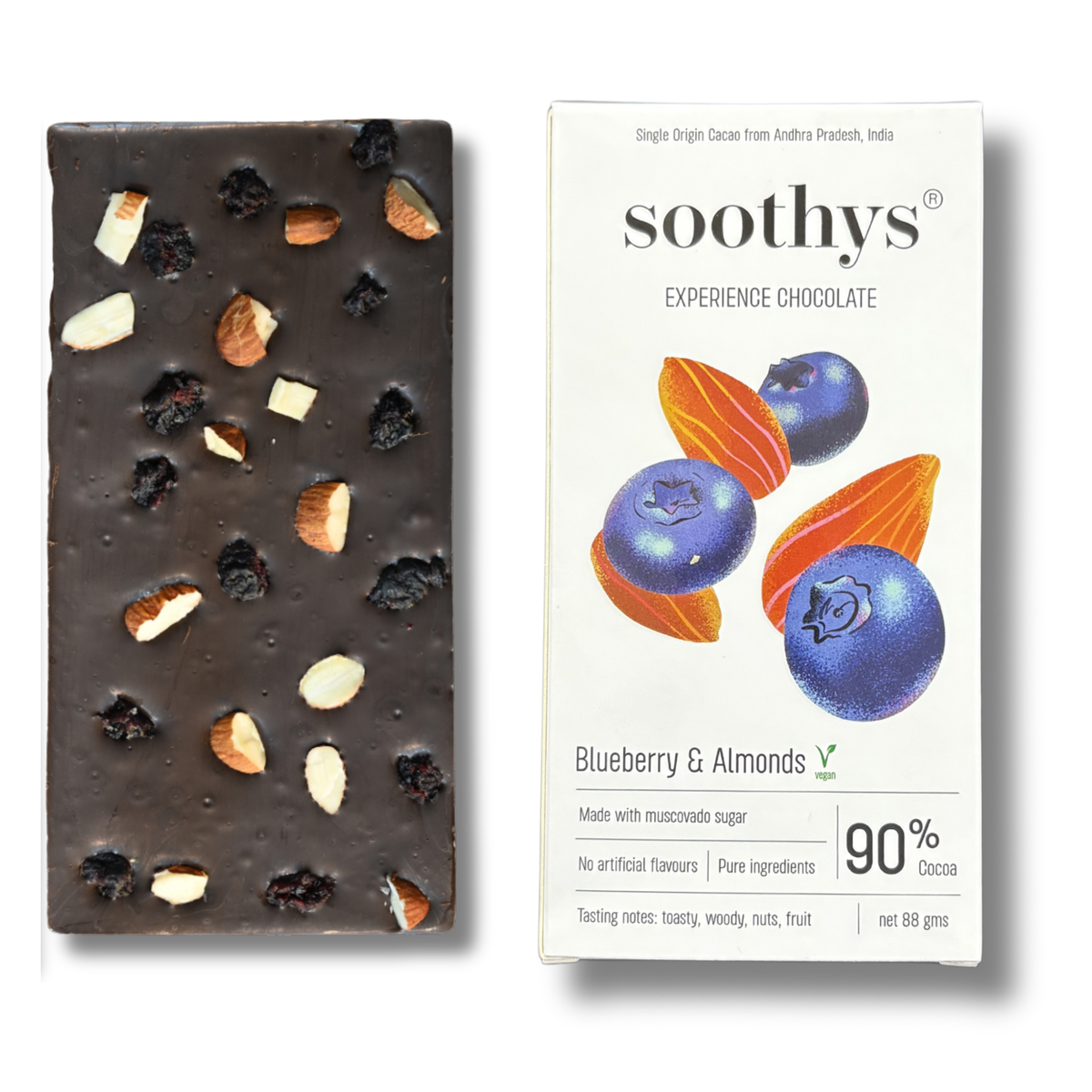90% Dark Vegan Chocolate Bars with Blueberry and Almonds | 88gms