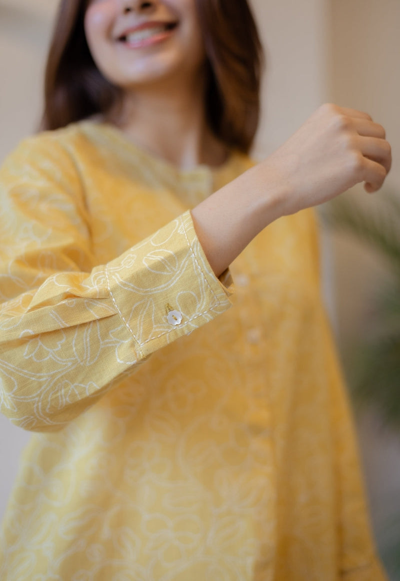 Asma Mustard Hand Block Print Slub Cotton A Line Kurta with Hand Embroidery
