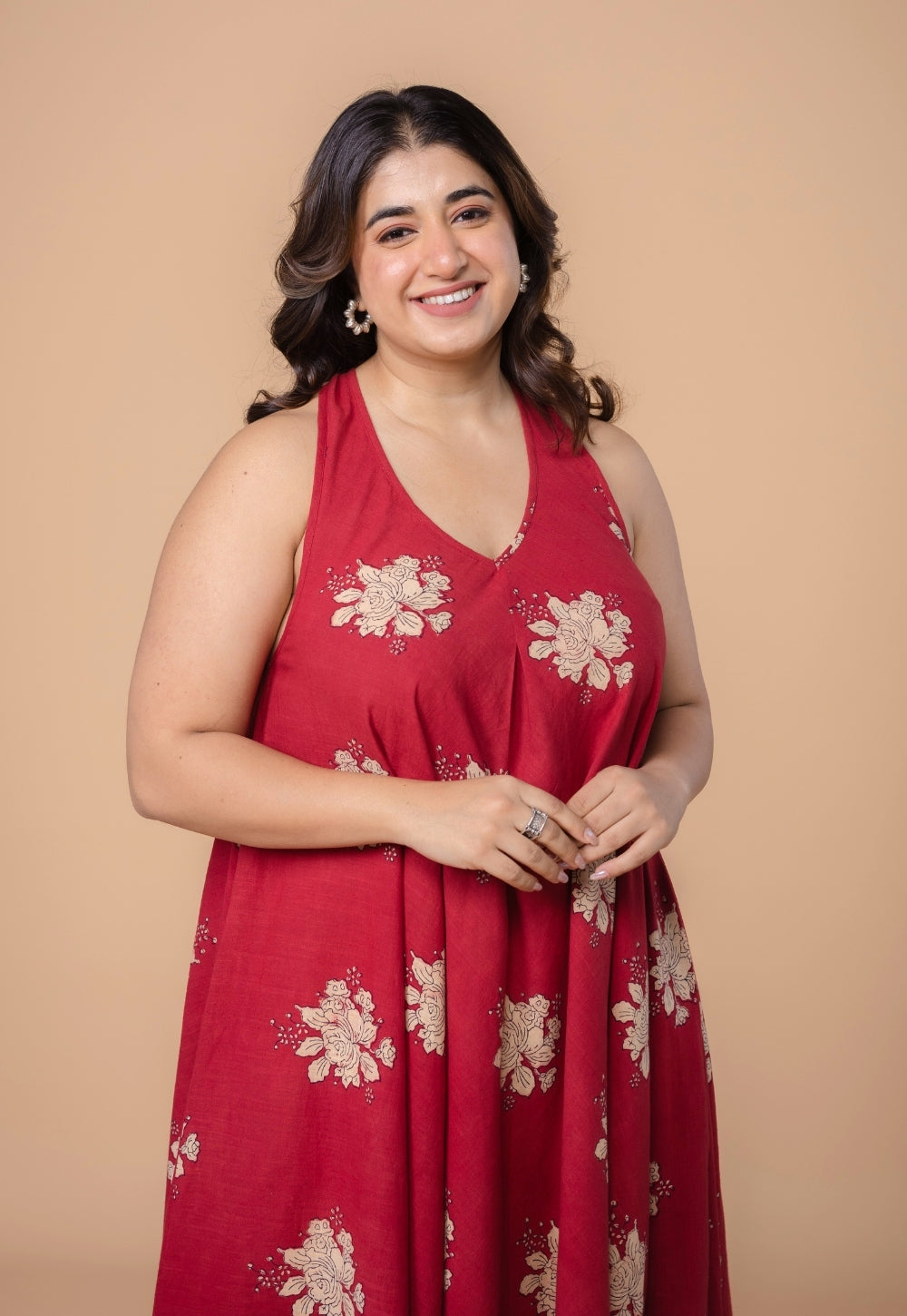 Tashi Red Dabu Slub Cotton A Line Dress