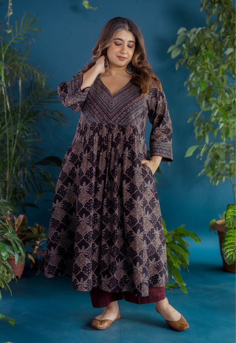 Kashish Black Ajrakh Cotton Kali Kurta