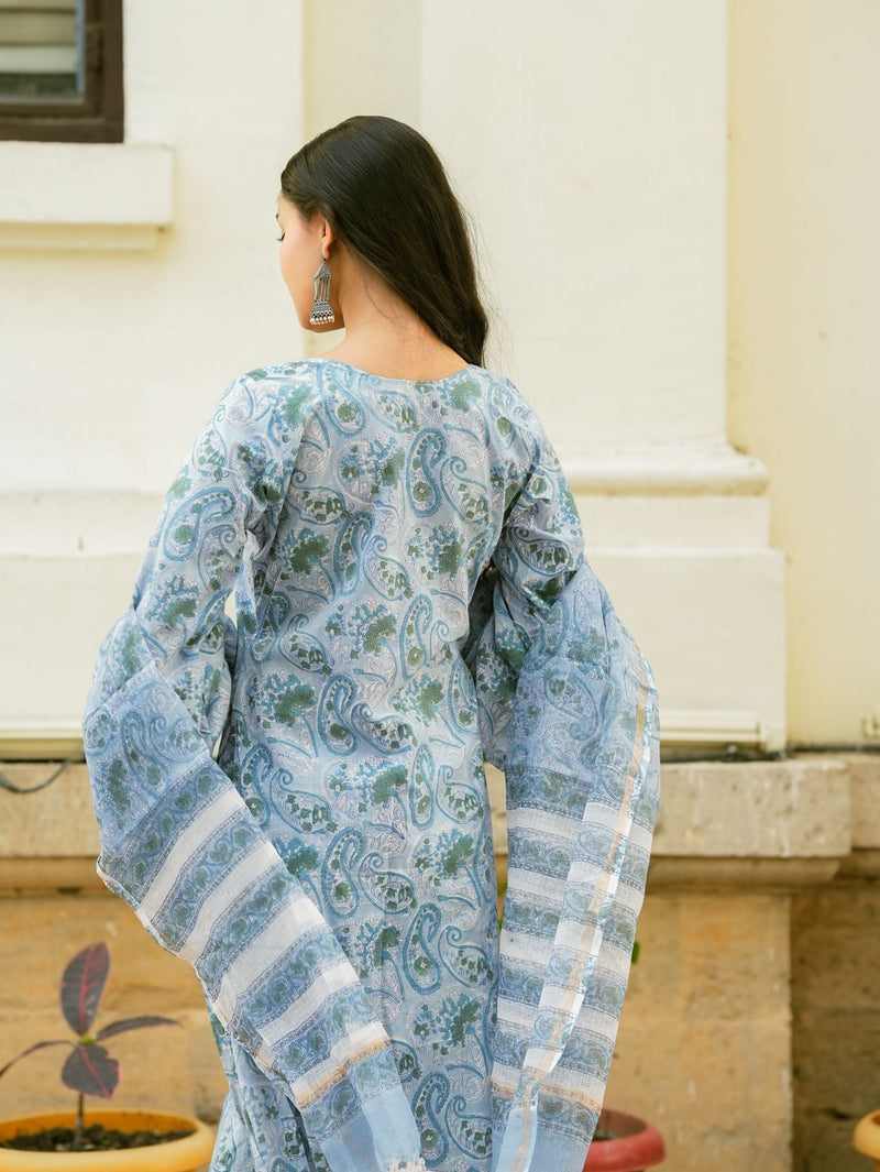 Zyra Blue Handblock Cotton Kurta Pant Set with Kota Doria Dupatta