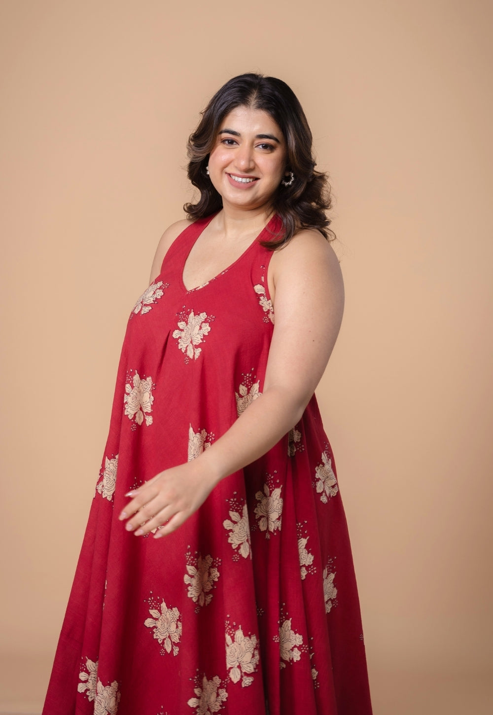Tashi Red Dabu Slub Cotton A Line Dress