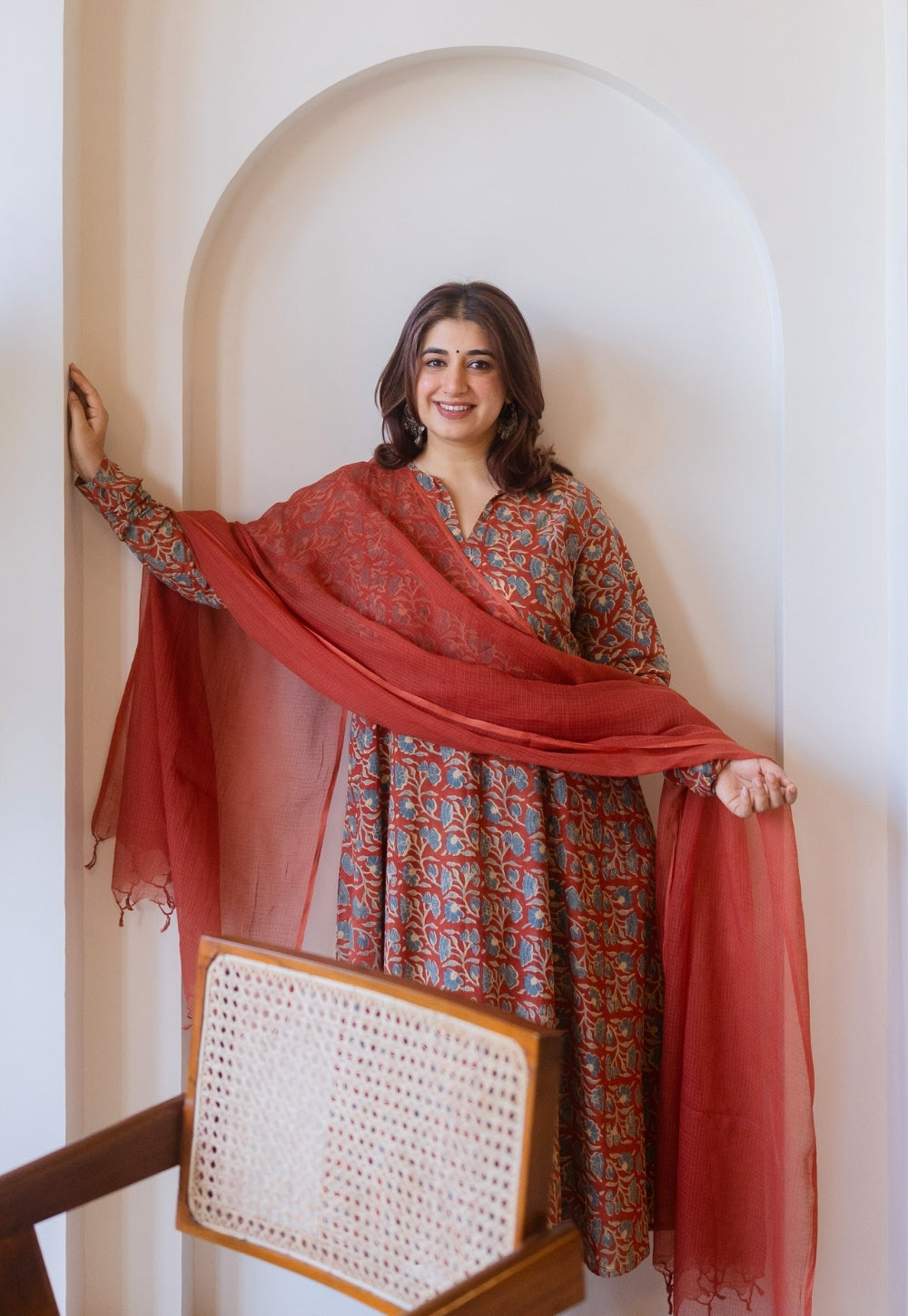 Shinat Red Ajrakh Cotton Kali Kurta with Hand Embroidery