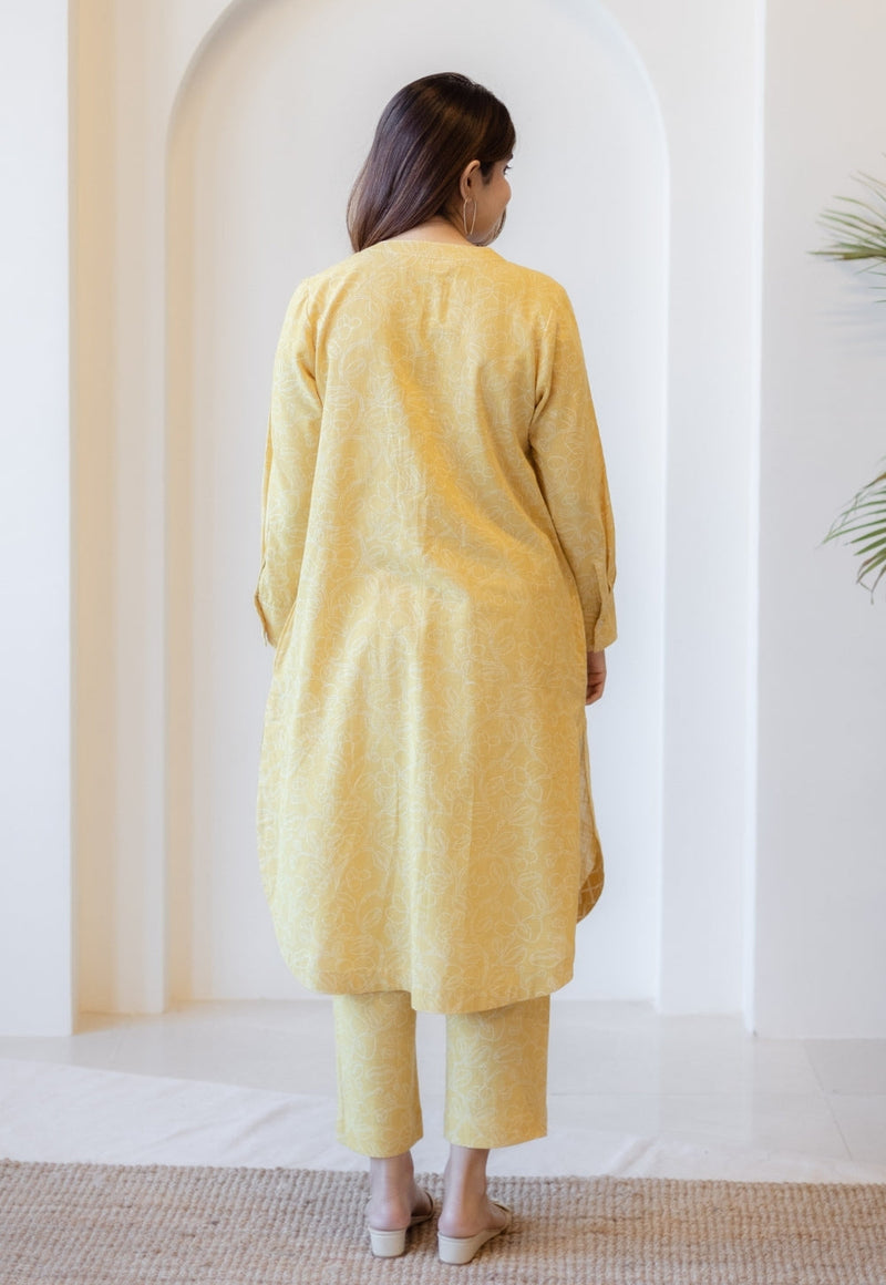 Asma Mustard Hand Block Print Slub Cotton A Line Kurta with Hand Embroidery