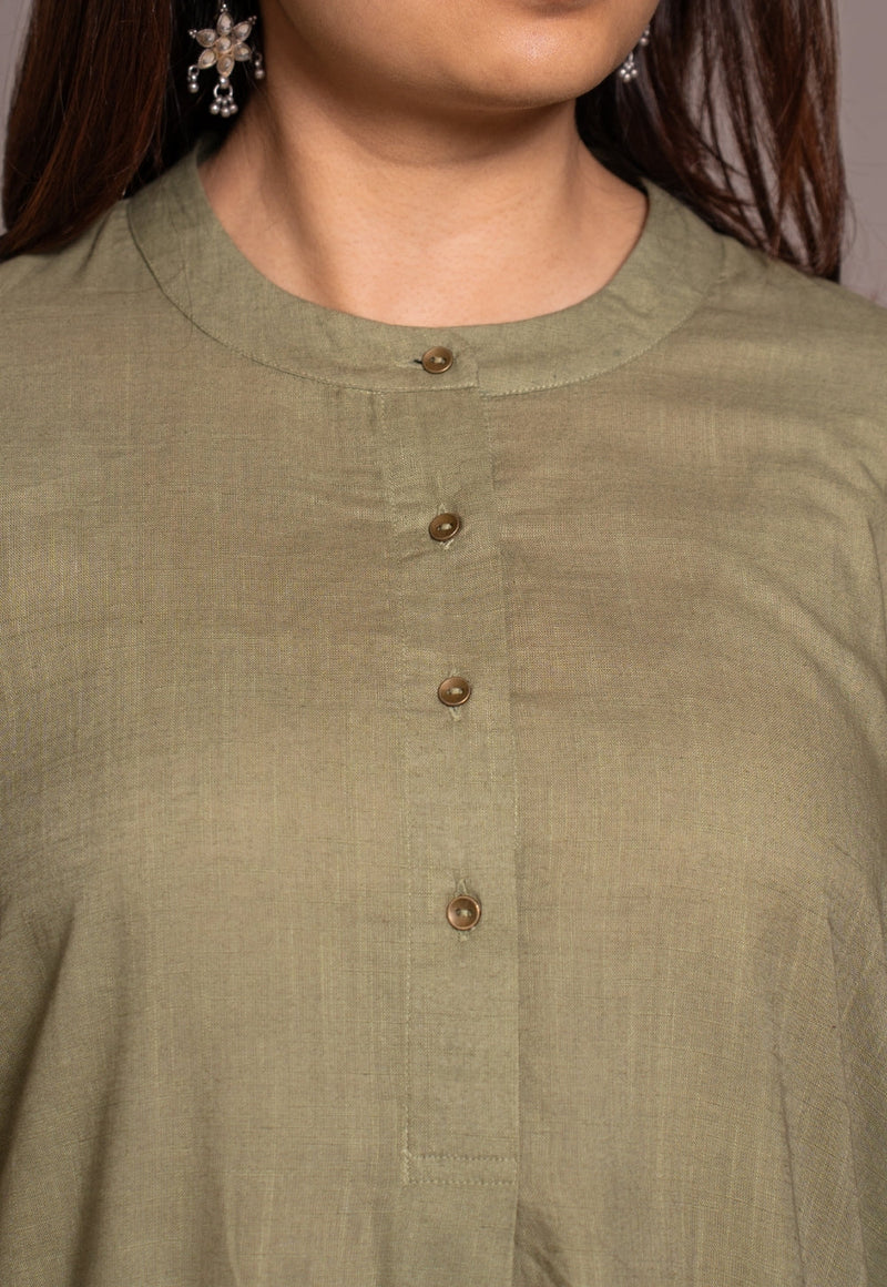 Sage Green Solid Slub Cotton Straight Short Top - DyeVerse