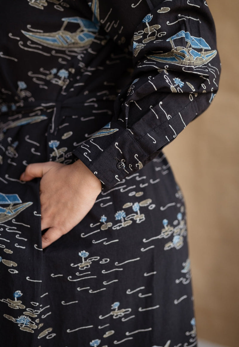 Sirin Charcoal Ajrakh Cotton A Line Dress