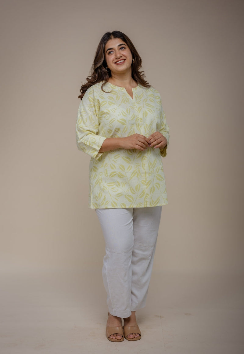 Lyla Green Hand Block Print Slub Cotton Straight Short Top