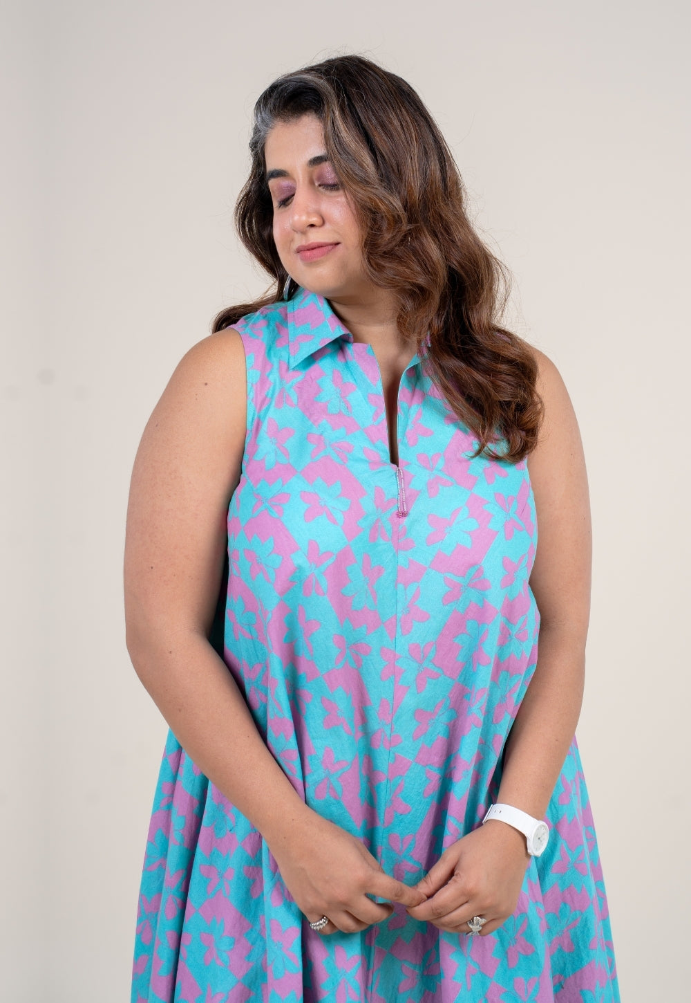 Arya Aqua Blue Printed Cotton A Line Dress with Hand Embroidery