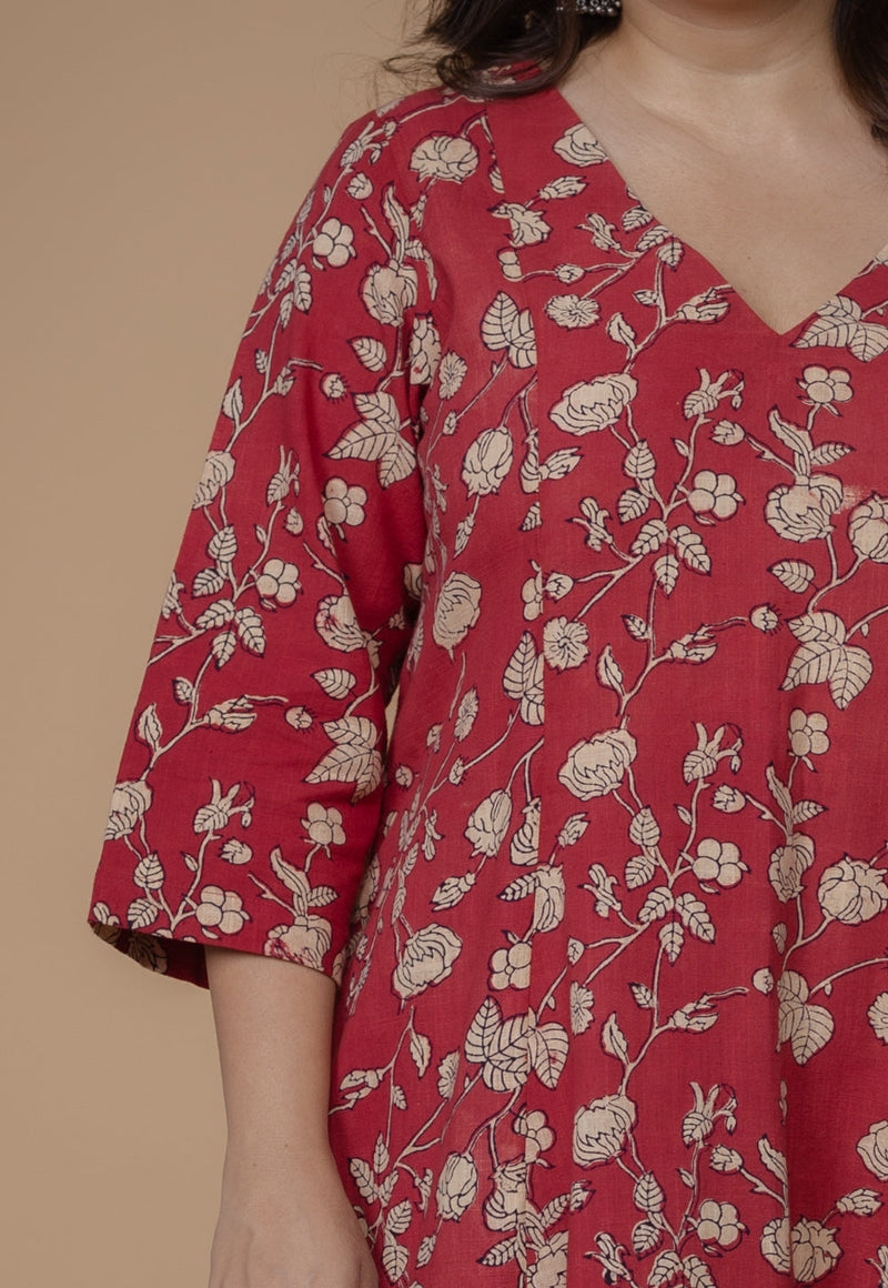 Smriti Red Dabu Slub Cotton Kali Kurta