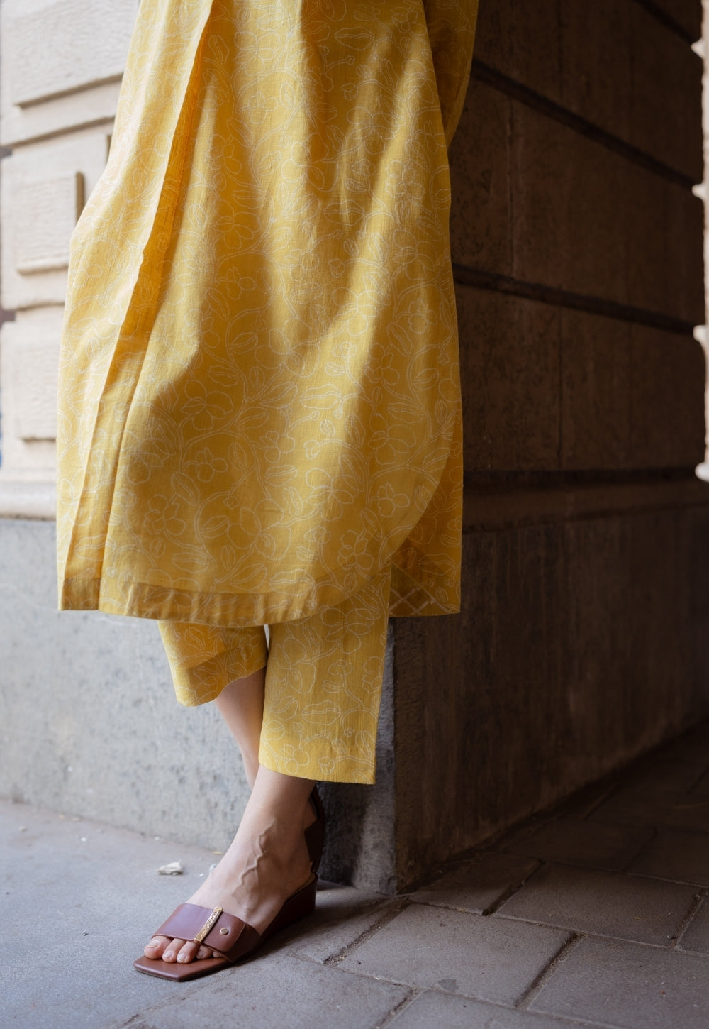 Asma Mustard Hand Block Print Slub Cotton A Line Kurta with Hand Embroidery