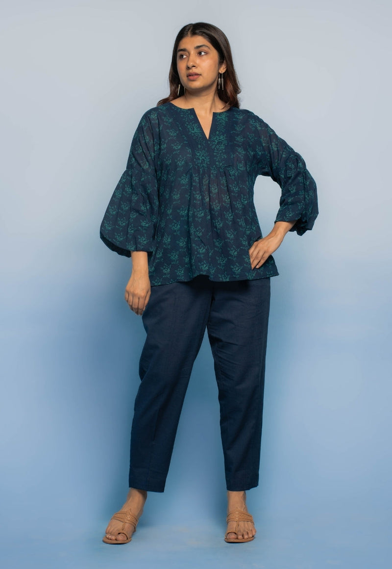 Aafiya Blue Dabu Mul Cotton A Line Short Top