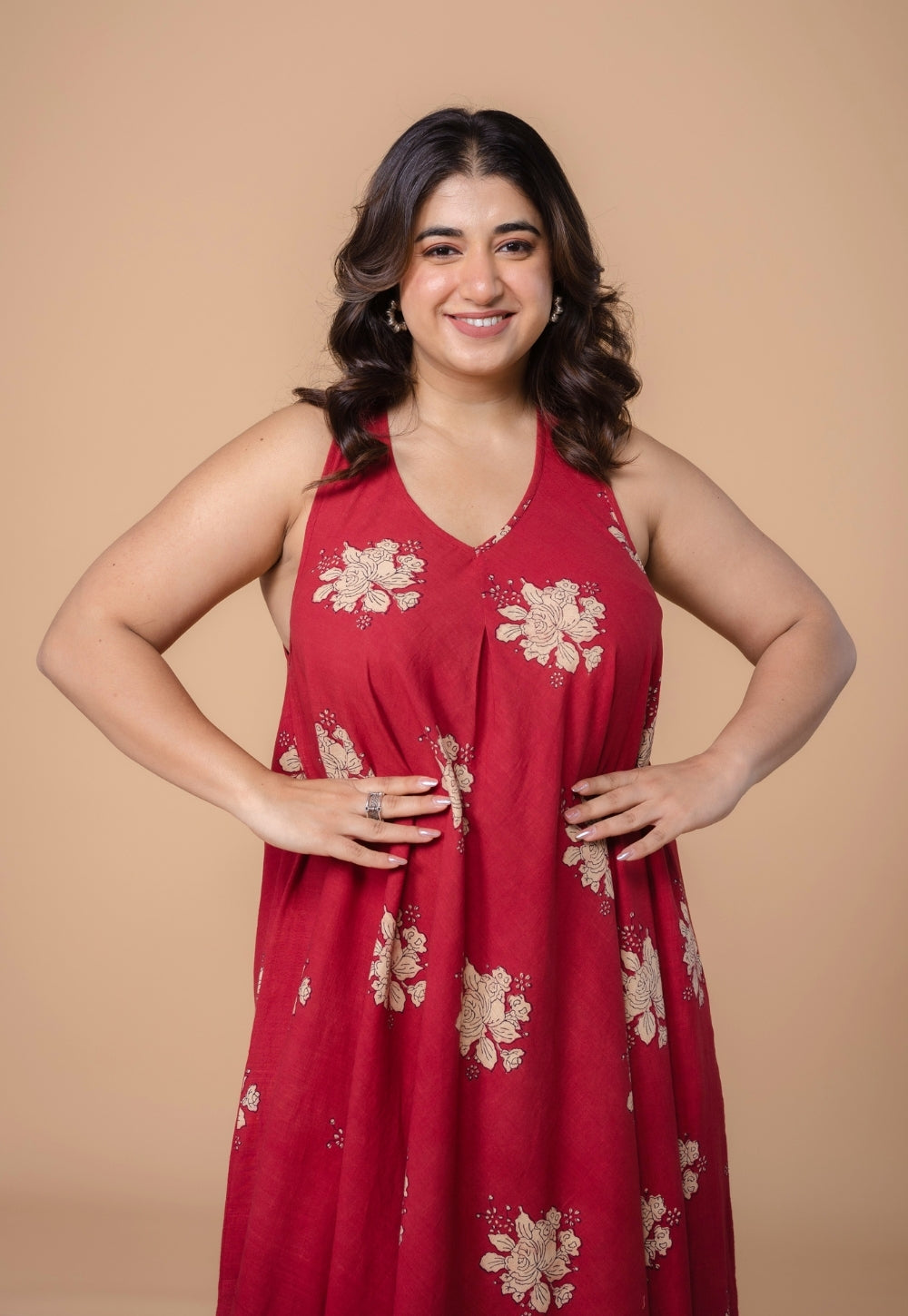 Tashi Red Dabu Slub Cotton A Line Dress