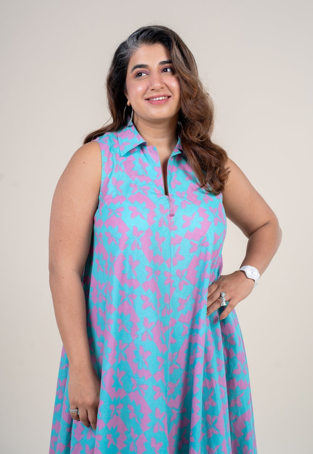 Arya Aqua Blue Printed Cotton A Line Dress with Hand Embroidery