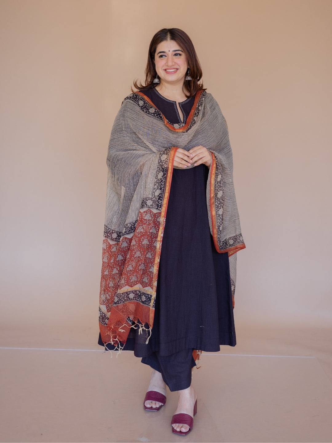 Nyra Black Solid Slub Cotton Jhabbha Kali Kurta with Hand Embroidery