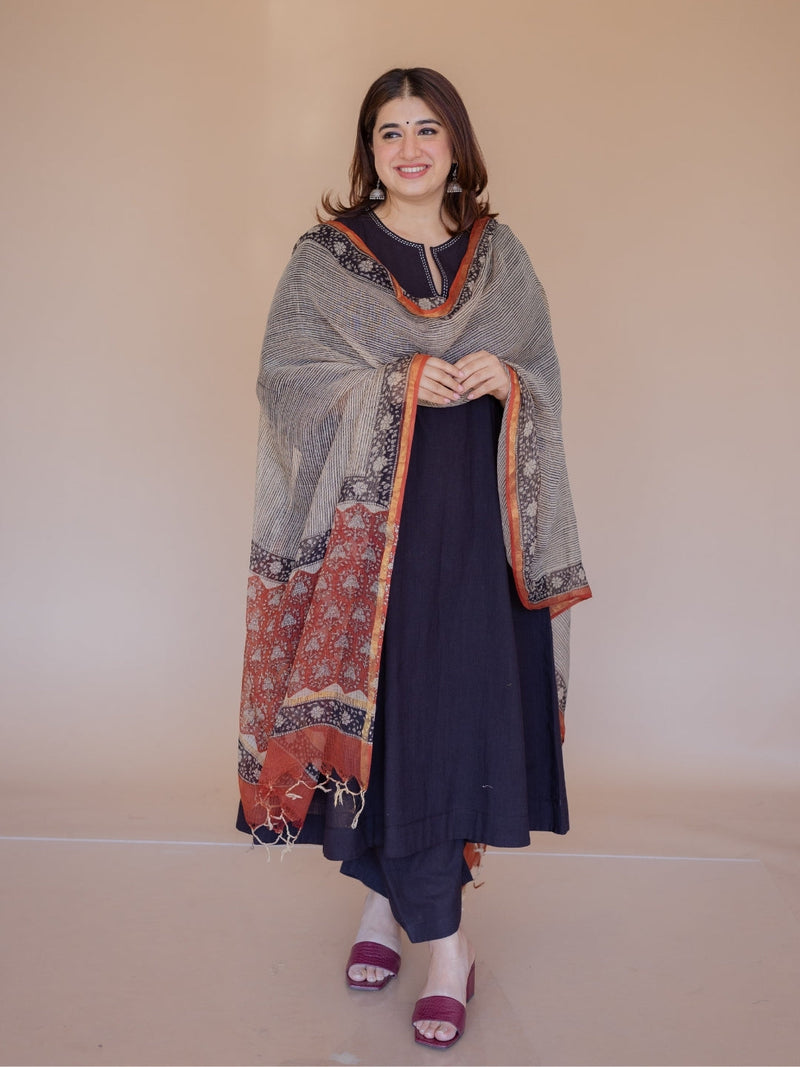 Nyra Black Solid Slub Cotton Jhabbha Kali Kurta with Hand Embroidery