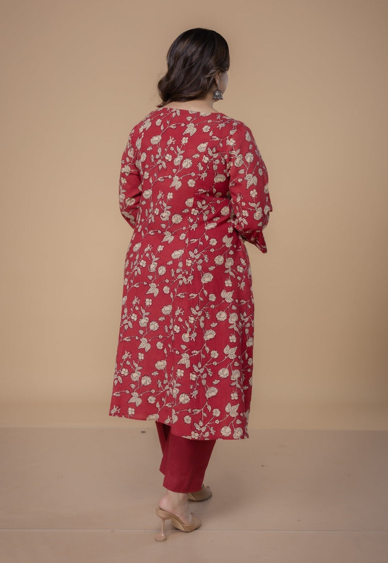 Smriti Red Dabu Slub Cotton Kali Kurta