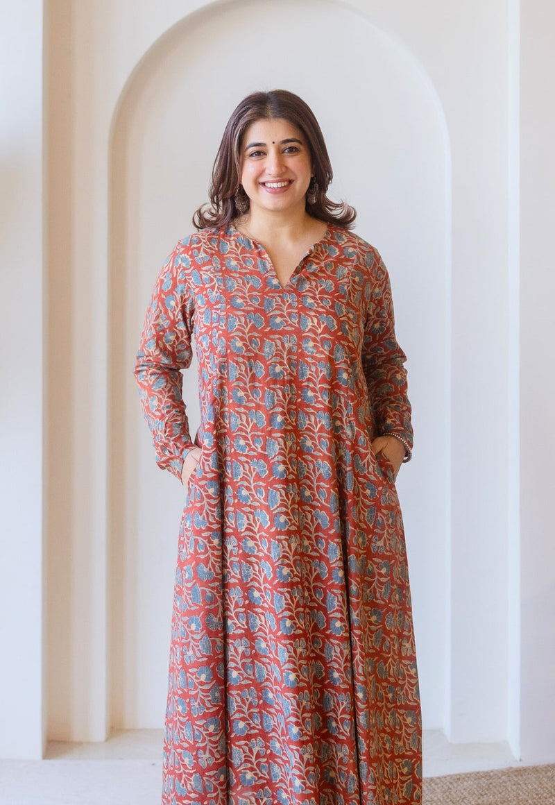 Shinat Red Ajrakh Cotton Kali Kurta with Hand Embroidery