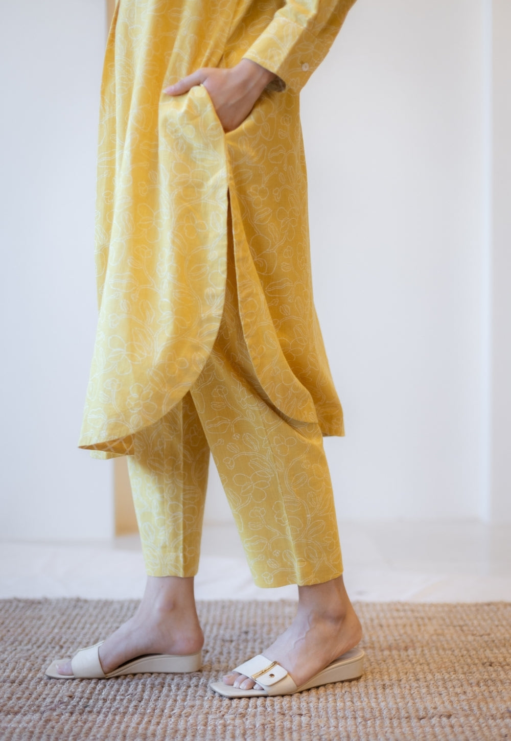 Asma Mustard Hand Block Print Slub Cotton A Line Kurta with Hand Embroidery