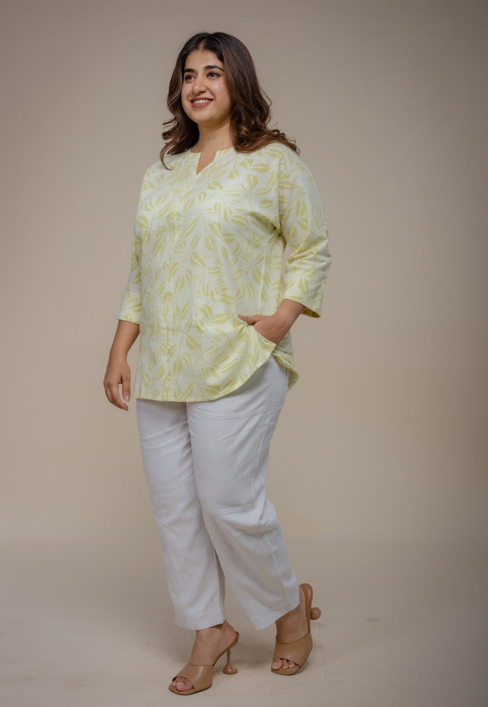 Lyla Green Hand Block Print Slub Cotton Straight Short Top