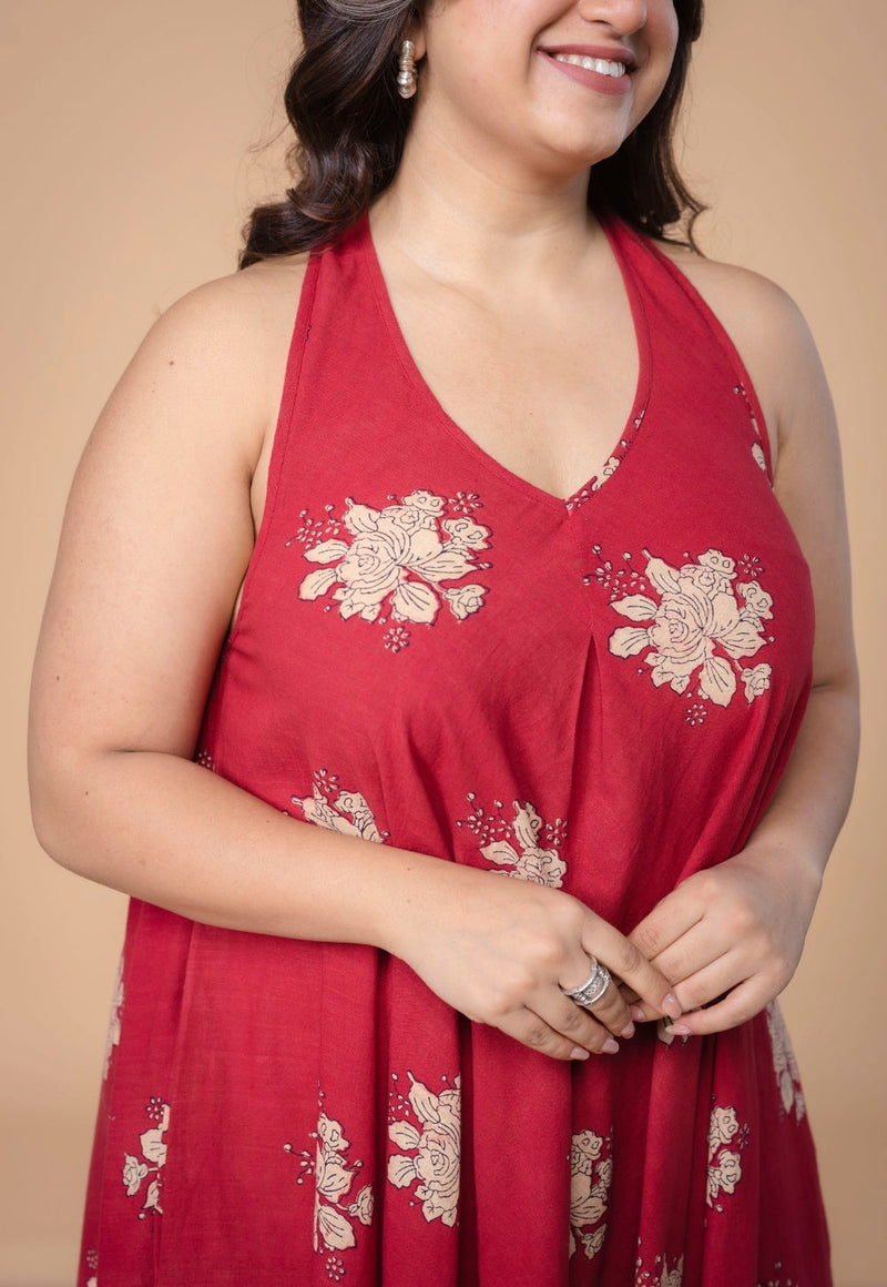 Tashi Red Dabu Slub Cotton A Line Dress