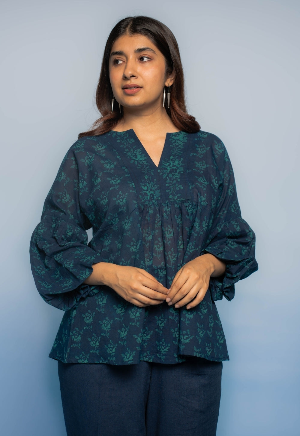 Aafiya Blue Dabu Mul Cotton A Line Short Top