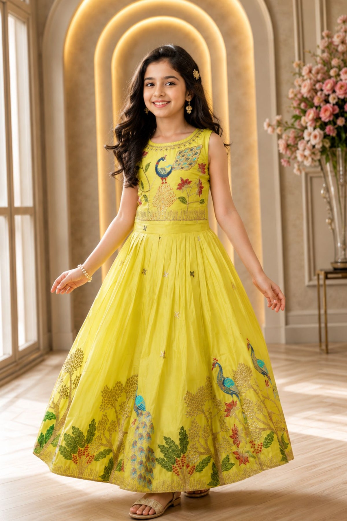 Yellow Sleeveless Choli And Lehenga Set With Peacock  Motifs Zari Embroidery For Girls