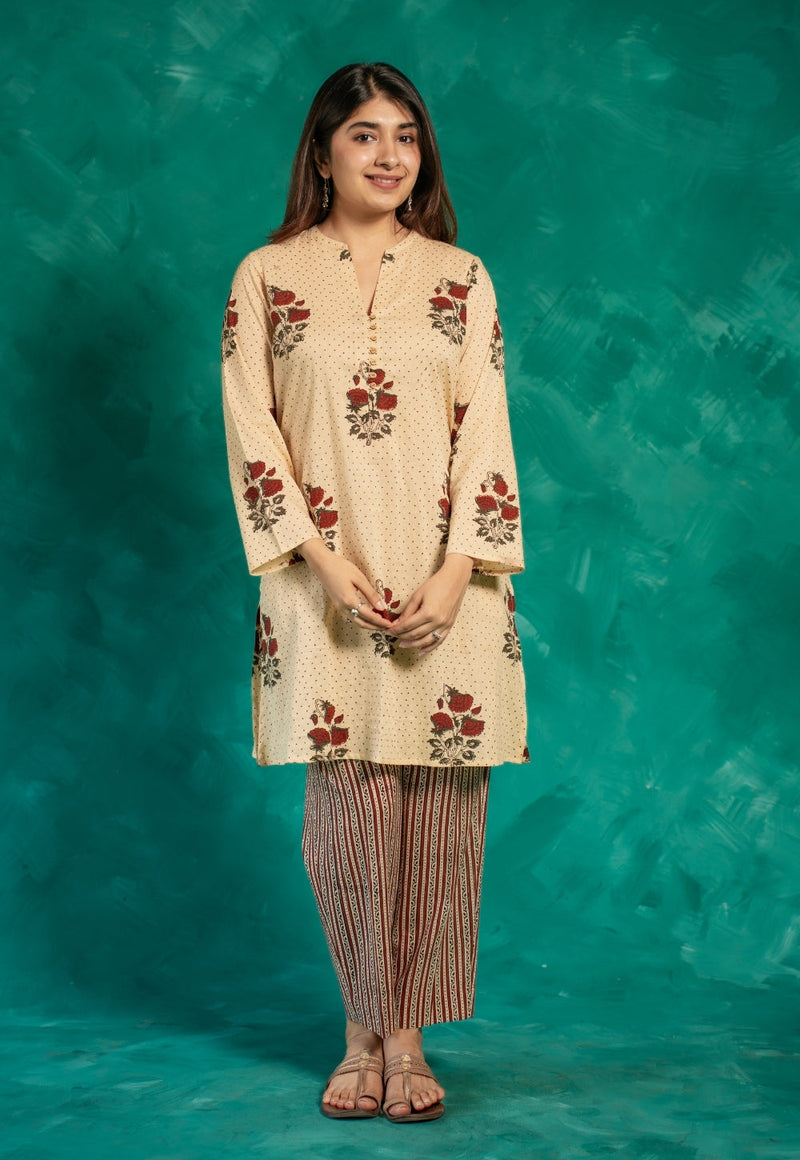 Insiya Beige Bagru Cotton Straight Short Top