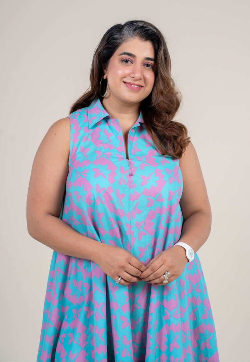 Arya Aqua Blue Printed Cotton A Line Dress with Hand Embroidery