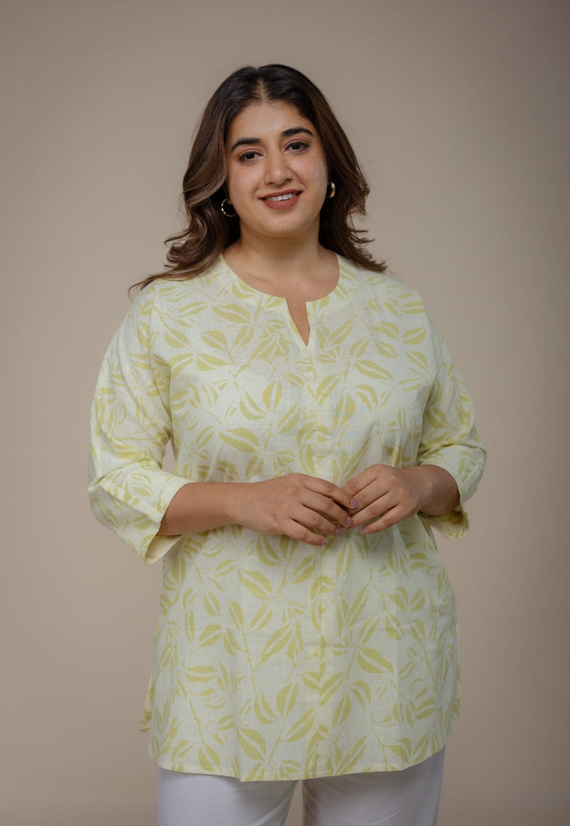 Lyla Green Hand Block Print Slub Cotton Straight Short Top