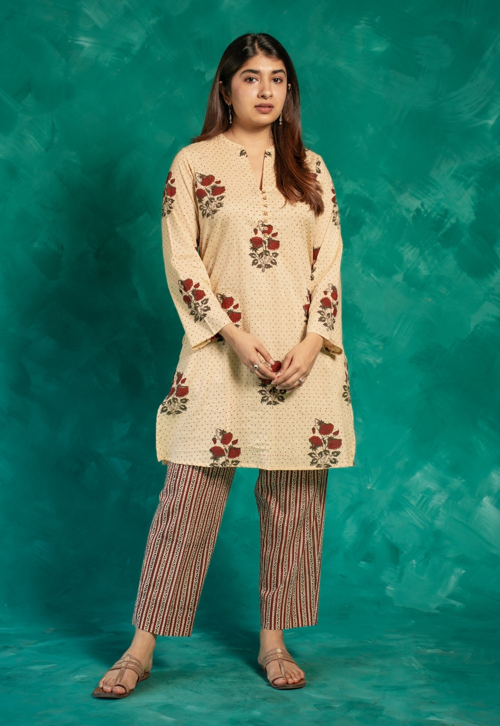 Insiya Beige Bagru Cotton Straight Short Top