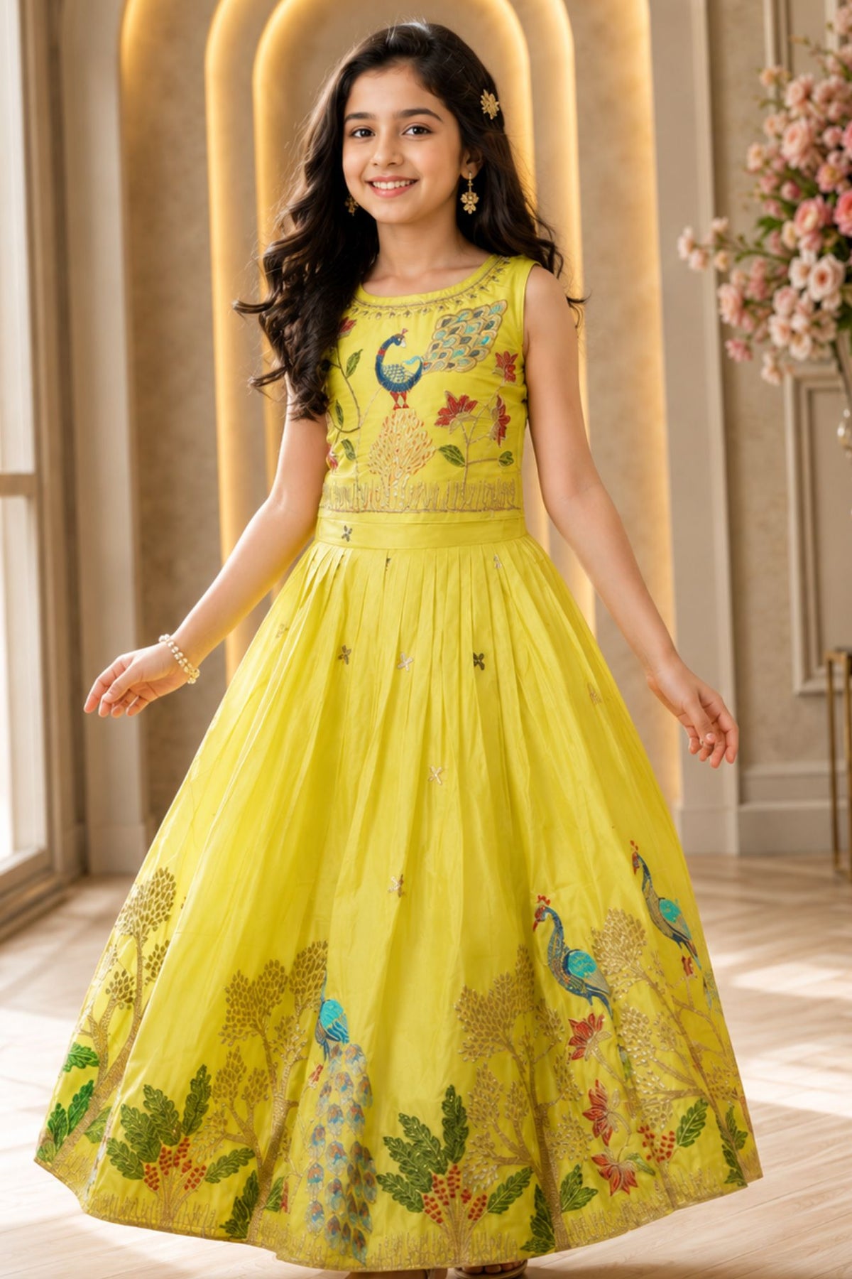 Yellow Sleeveless Choli And Lehenga Set With Peacock  Motifs Zari Embroidery For Girls