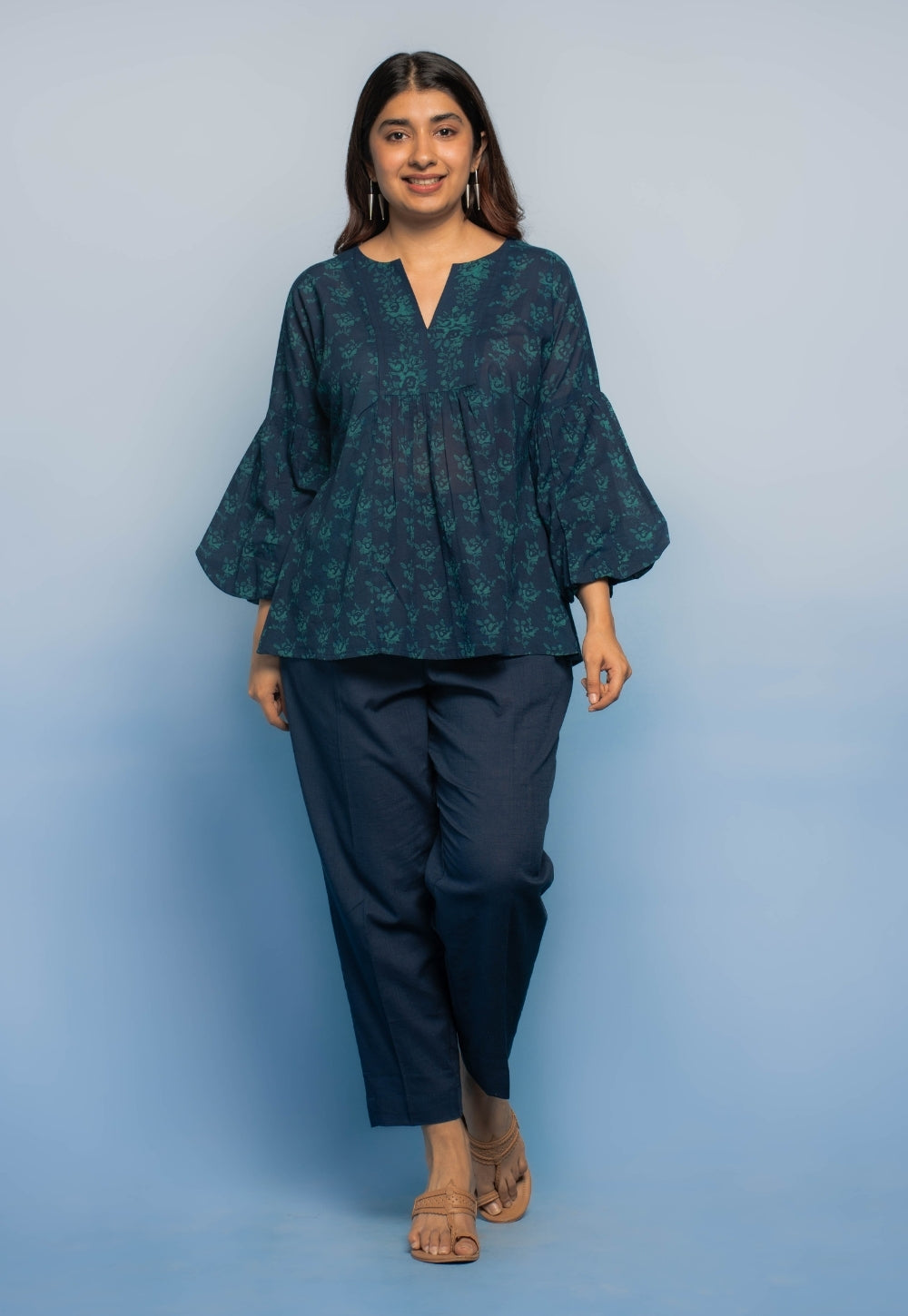 Aafiya Blue Dabu Mul Cotton A Line Short Top