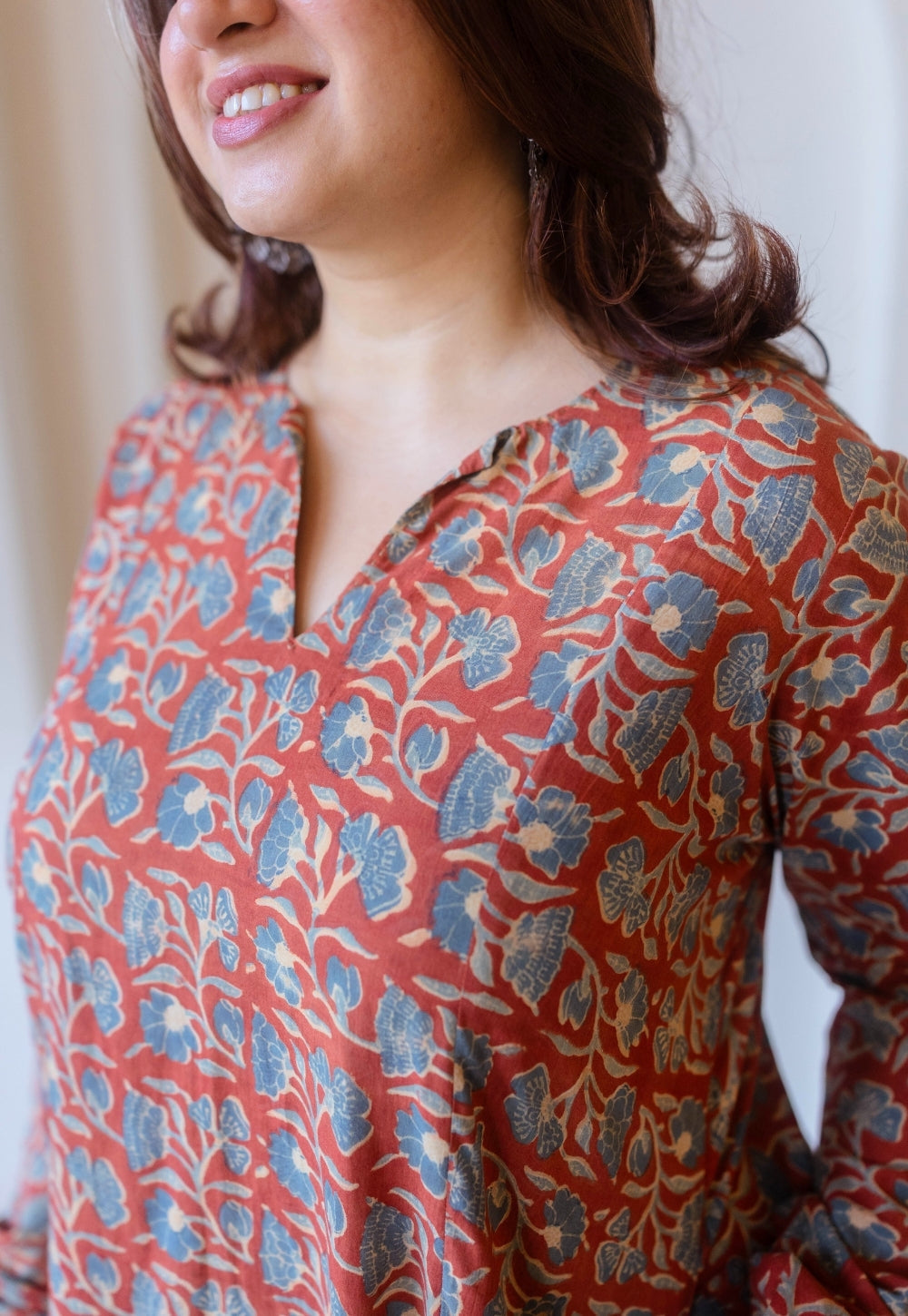 Shinat Red Ajrakh Cotton Kali Kurta with Hand Embroidery