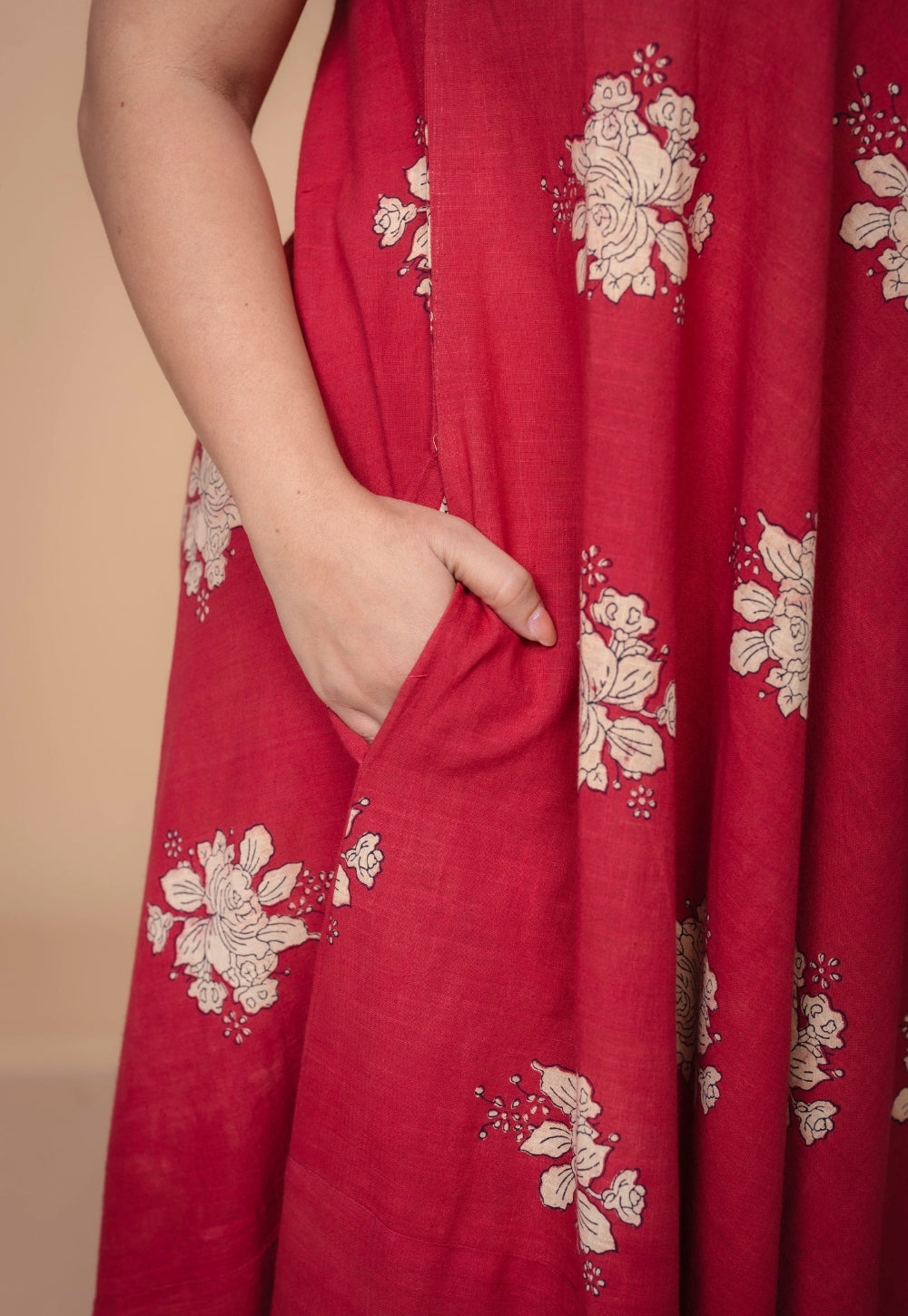 Tashi Red Dabu Slub Cotton A Line Dress