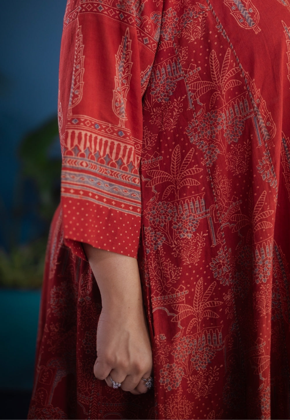 Ishvika Red Ajrakh Cotton Jhabbha Kali Kurta