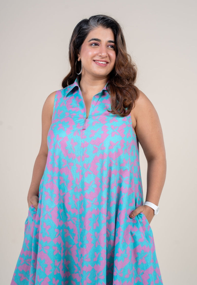 Arya Aqua Blue Printed Cotton A Line Dress with Hand Embroidery