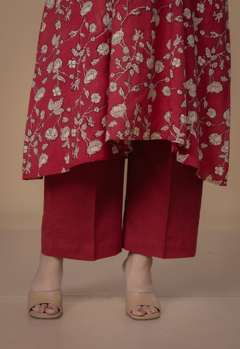 Yashi Red Solid Slub Cotton Straight Pant