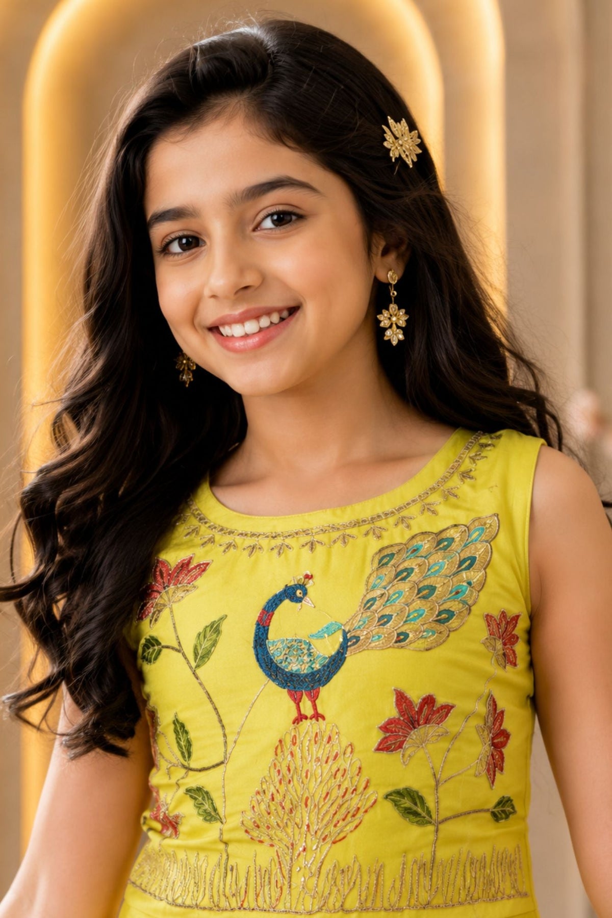 Yellow Sleeveless Choli And Lehenga Set With Peacock  Motifs Zari Embroidery For Girls