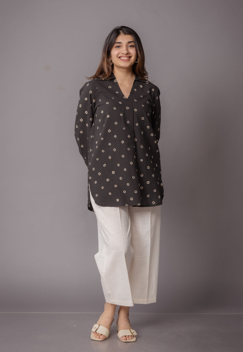 Zohal Black Bandhani Cotton Straight Short Top