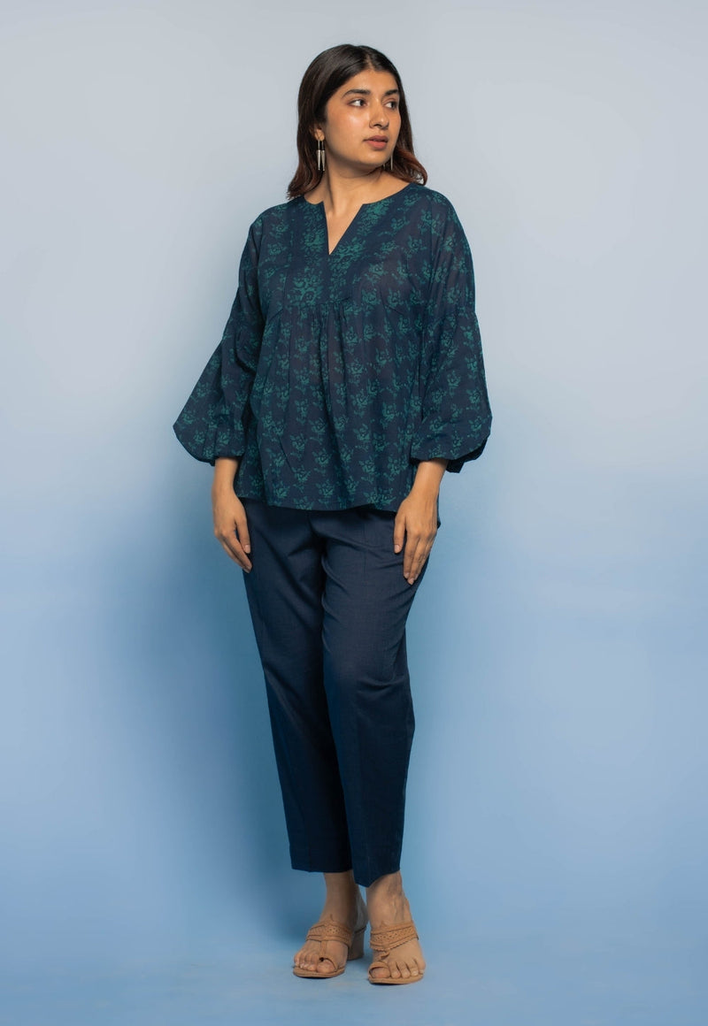 Aafiya Blue Dabu Mul Cotton A Line Short Top