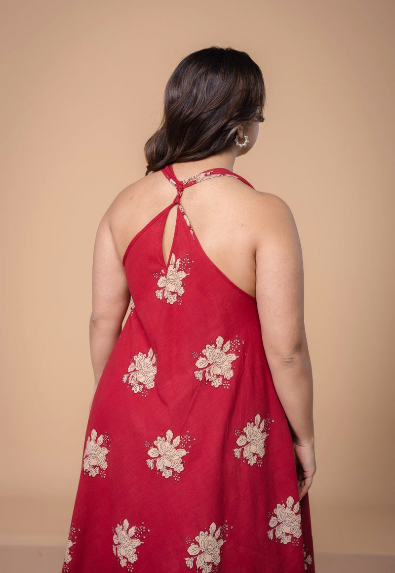 Tashi Red Dabu Slub Cotton A Line Dress