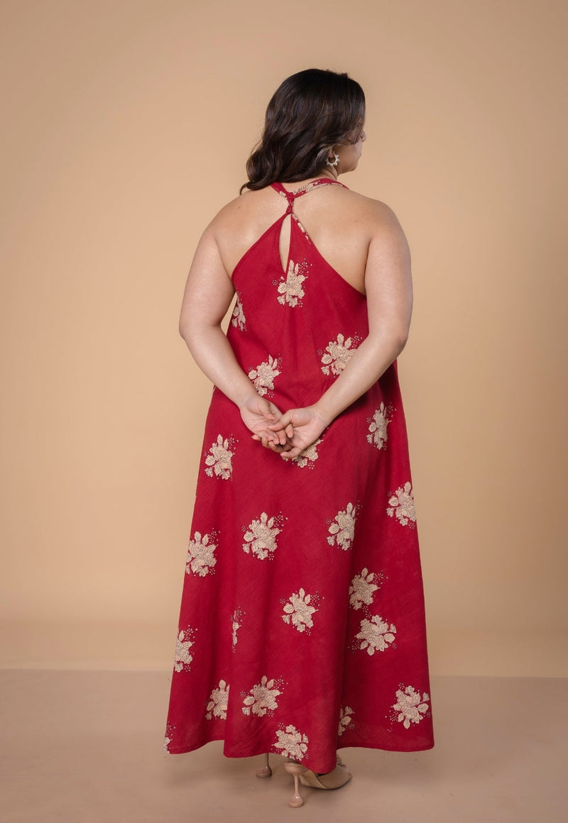 Tashi Red Dabu Slub Cotton A Line Dress