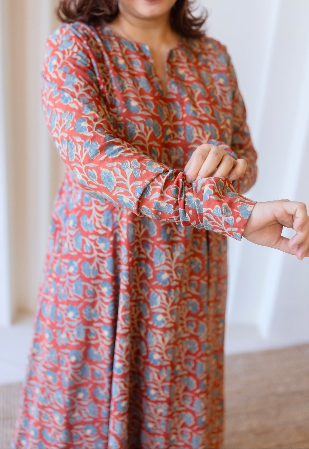 Shinat Red Ajrakh Cotton Kali Kurta with Hand Embroidery