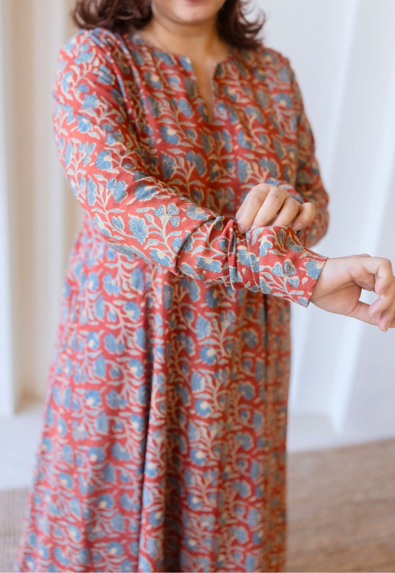 Shinat Red Ajrakh Cotton Kali Kurta with Hand Embroidery