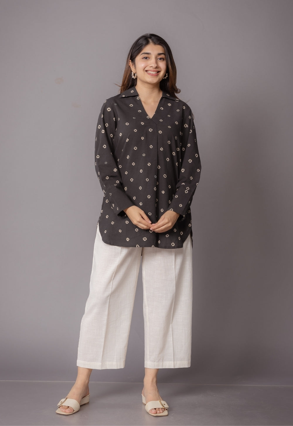 Zohal Black Bandhani Cotton Straight Short Top