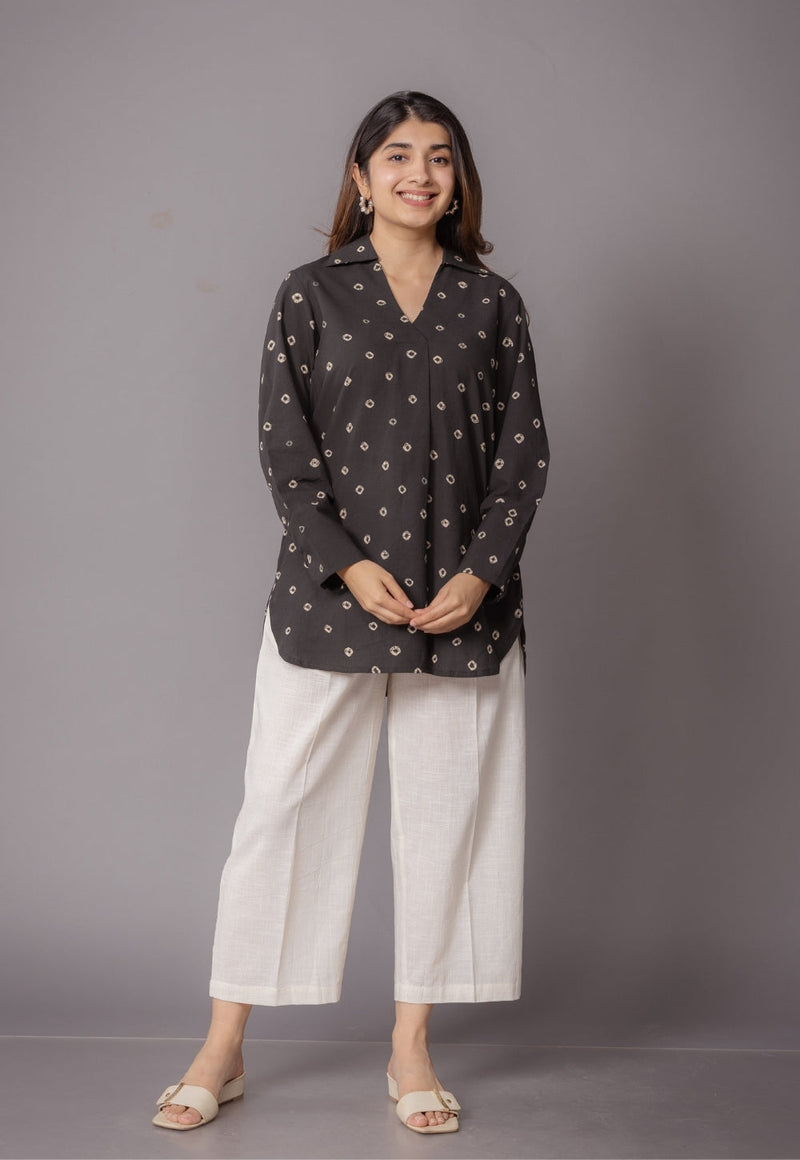 Zohal Black Bandhani Cotton Straight Short Top