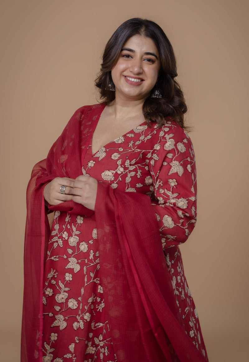 Smriti Red Dabu Slub Cotton Kali Kurta