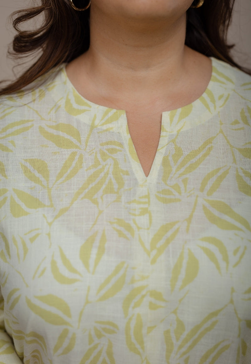 Lyla Green Hand Block Print Slub Cotton Straight Short Top