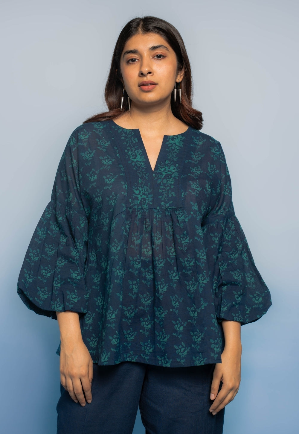 Aafiya Blue Dabu Mul Cotton A Line Short Top